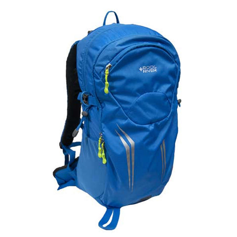 A blue backpack features multiple compartments and zippers. It is designed for outdoor activities, showcasing a sleek appearance with silver accents, standing on a plain background.