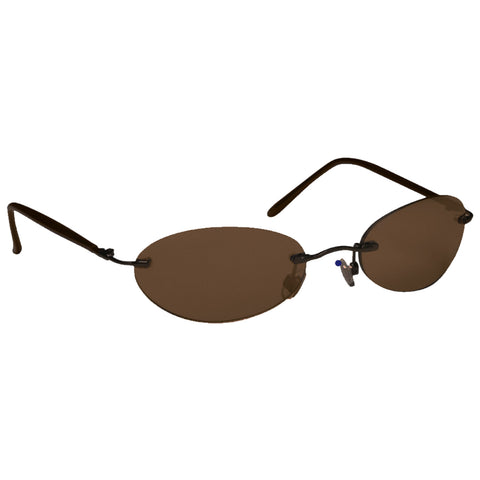 Sunglasses with brown tinted lenses rest horizontally with slender black frames open awaiting use in a neutral background setting. The design is minimalist and contemporary.