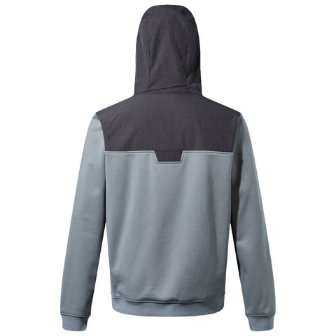 A hooded sweatshirt in gray with a darker gray panel at the top displays a modern design with a casual fit and soft material suitable for everyday wear.