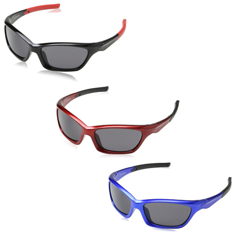 Eyelevel Kids Twister Sunglasses Three pairs of sunglasses are displayed in a stacked arrangement. The top pair is black with red accents the middle pair is red and the bottom pair is blue all featuring dark lenses.