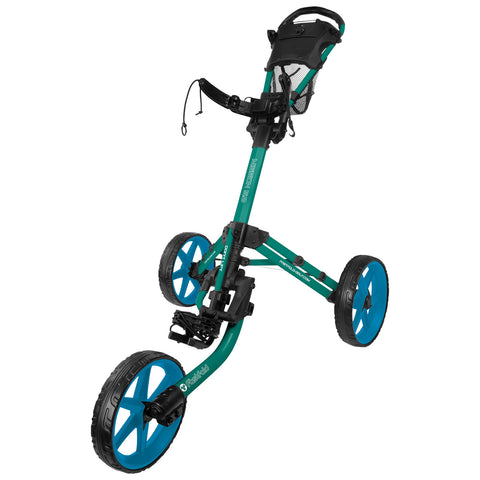 A golf push cart with a sturdy teal frame and large blue wheels stands upright displaying a handle and a mesh storage compartment for accessories in a neutral background.