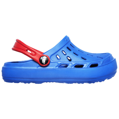 A blue plastic clog with ventilation holes and a red strap is displayed sideways The clog features a circular logo and has a thick sole suitable for casual wear