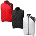 Three sleeveless vests in red black and white are displayed side by side featuring a quilted pattern and a high collar each with a front zipper and a logo on the shoulder