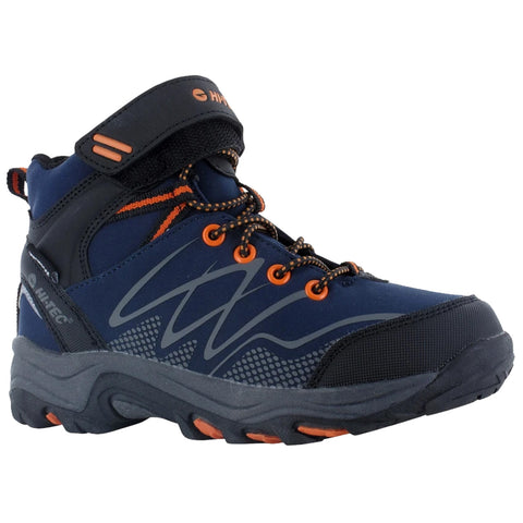 A blue and gray hiking boot with orange accents is positioned upright displaying its laces and padded collar designed for outdoor activities on rugged terrain.