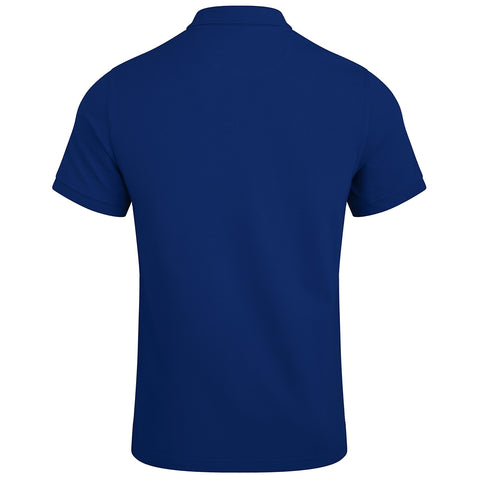 A navy blue polo shirt is displayed facing away, featuring short sleeves and a classic collar, suggesting a casual or semi-formal attire suitable for various settings.