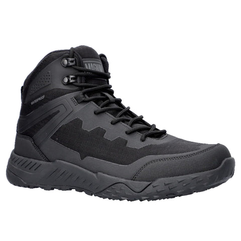 A black waterproof hiking boot stands upright showcasing its sturdy design and textured surface with laces and reinforced ankles suggesting it is intended for outdoor activities or rugged terrain.