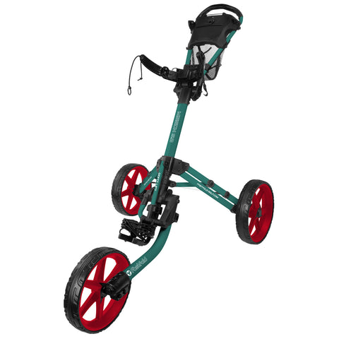 A golf push cart with a teal frame and red wheels is positioned upright showcasing its adjustable handle and a storage area for accessories in a neutral background.