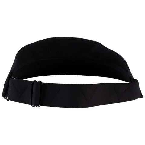 A black visor lies flat showcasing its curved brim and an adjustable strap at the back indicating it is designed for outdoor wear and protection from sunlight.