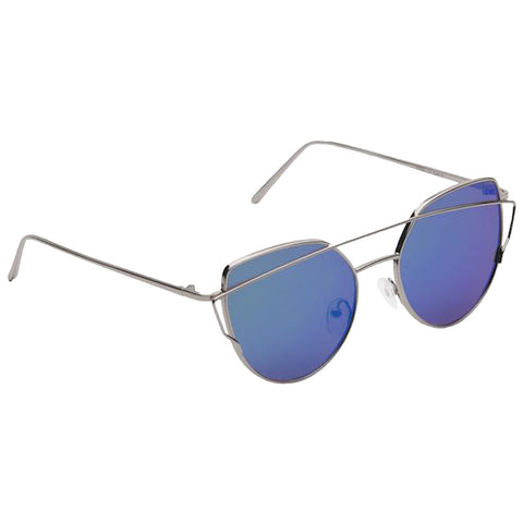 Sunglasses with large circular lenses reflect a bluish hue resting on a flat surface while the metal frames are sleek and minimalistic suggesting a modern design.