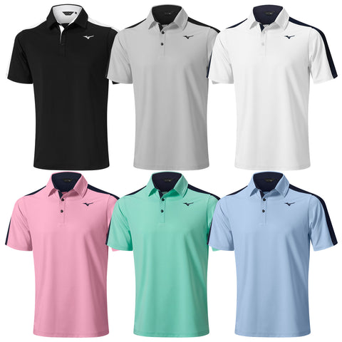 Six polo shirts are displayed in a grid arrangement featuring black gray white pink mint and light blue colors each shirt has a collar and short sleeves