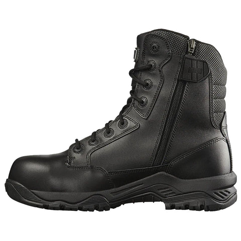 A black tactical boot stands upright with a sturdy toe and textured upper. It features laces and a zipper for easy wear, designed for rugged environments or outdoor use.