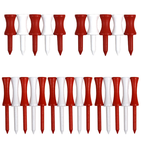 A collection of red and white golf tees arranged in two rows with alternating colors showing pointed ends used for teeing off in golf