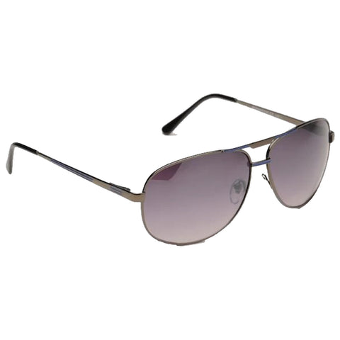 Sunglasses with large tinted lenses are positioned at an angle showcasing their reflective gradient design resting against a neutral background emphasizing their stylish shape and slim metallic frame.