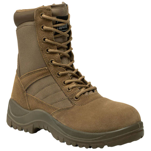 A brown tactical boot features a sturdy construction with laces and a cushioned sole designed for durability and support in rugged environments