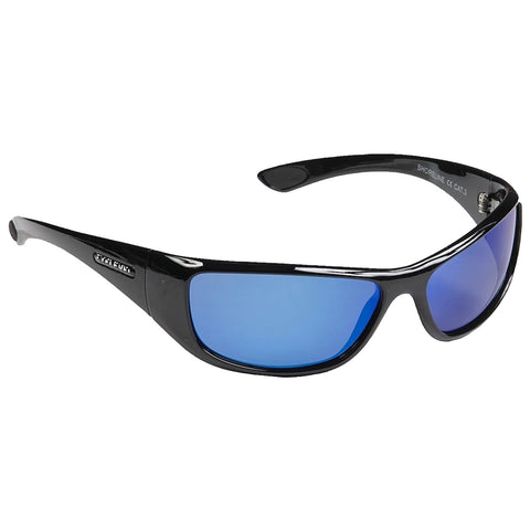 Black sunglasses with blue lenses are displayed at an angle showcasing their glossy finish and sleek design meant for sun protection and stylish wear in bright environments.