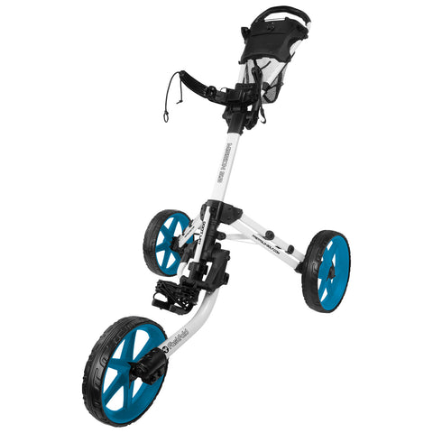 A golf push cart with a white frame and blue wheels is positioned upright showing its handle and seat area with wheels designed for easy maneuverability on the course.