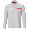 Light gray long-sleeve pullover featuring a half-zip front with a mock neck and subtle color accents of white red and black on the chest area against a plain background