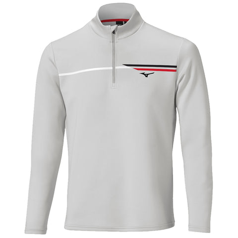 Light gray long-sleeve pullover featuring a half-zip front with a mock neck and subtle color accents of white red and black on the chest area against a plain background