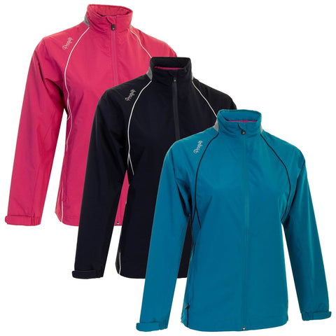 ProQuip Ladies Emily Tempest Waterproof Jacket Three lightweight jackets display a variety of colors including pink black and teal arranged side by side showcasing their sporty design with high collars and contrasting stitching against a plain background.