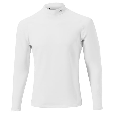 A white long-sleeve shirt with a high collar is displayed upright showcasing its smooth texture and minimalist design suitable for athletic wear or casual use. A small logo is visible on the neckline.