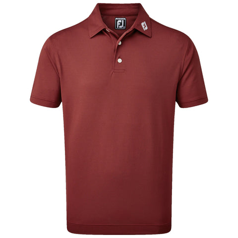 A maroon polo shirt stands upright showcasing a three-button placket and collar with a logo on the collar. It has short sleeves and a simple design suitable for casual or golf wear.