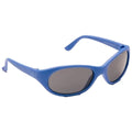 A pair of blue sunglasses sits at an angle facing forward the lenses are tinted dark offering sun protection the background is plain and unobtrusive.