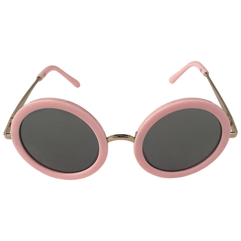 Round sunglasses with pink frames rest facing forward showcasing dark lenses and metallic arms in a neutral background providing a simple and stylish accessory appearance.