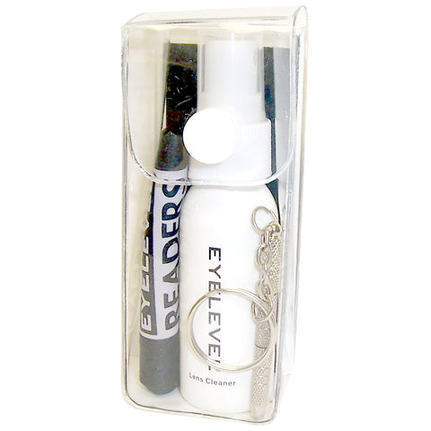 A transparent case contains a lens cleaner bottle a cleaning cloth and a pen marked with "READERS" all designed for maintaining eyewear in a compact format