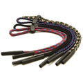 Colorful cords with plastic tips are arranged in a group. The cords are likely for securing items. They are displayed against a plain background, highlighting their vibrant patterns.