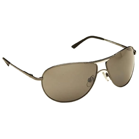 Sunglasses with a dark lens design rest on a flat surface reflecting light with sleek metallic frames and curved arms suitable for outdoor wear in bright conditions.