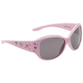 A pair of pink sunglasses decorated with colorful heart patterns rests against a neutral background showcasing their playful design and sunny outdoor suitability.