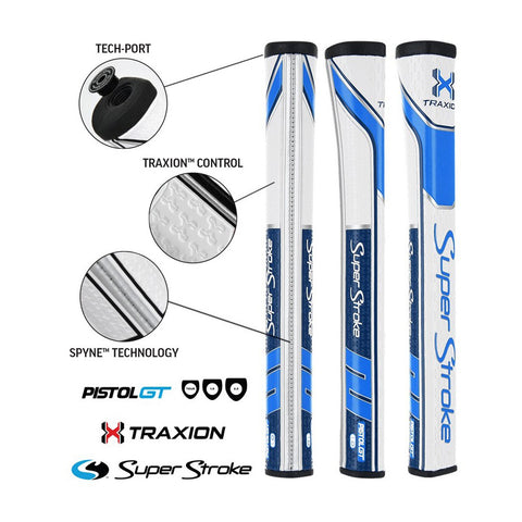 Three golf putter grips are displayed, showcasing their designs and features. They highlight technologies like TECH-PORT, TRACTION control, and SPYNE technology. Brand logos are included at the bottom.