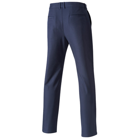 Navy blue tailored trousers stand upright showcasing a sleek design with pockets at the back displayed against a plain white background creating a clean and professional appearance