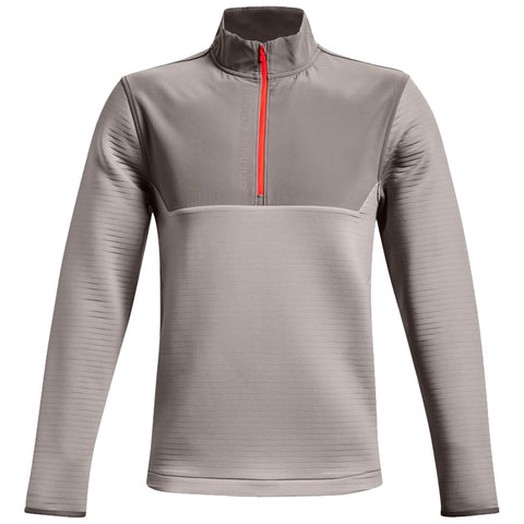 A long-sleeved athletic pullover in light gray features a high collar and a quarter-length orange zipper at the front designed for performance and comfort in active outdoor environments.