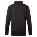 A black pullover is displayed from the back with a high collar and long sleeves showing a smooth fabric texture and a fitted design suitable for casual or athletic wear.