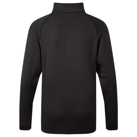 A black pullover is displayed from the back with a high collar and long sleeves showing a smooth fabric texture and a fitted design suitable for casual or athletic wear.