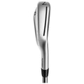 A silver golf club head is positioned sideways showcasing its sleek design with grooves and a logo visible highlighting its forged quality set against a plain white background.