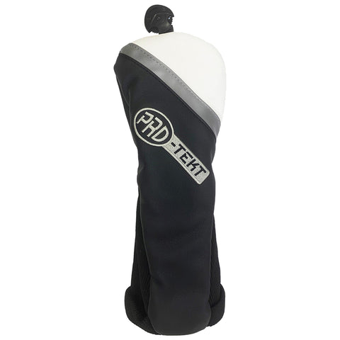 A black and white golf club headcover sits upright featuring a logo with the text PRD-TEXT on the side indicating protection for the club in a storage or transport setting.