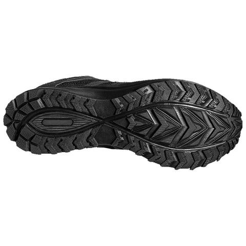 A black athletic shoe sole displays intricate tread patterns designed for traction and stability while running or walking on various surfaces in outdoor environments.