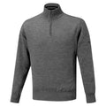 A gray, long-sleeved sweater with a half-zip collar is displayed. It is made of a soft material and features a snug fit around the cuffs and hem.