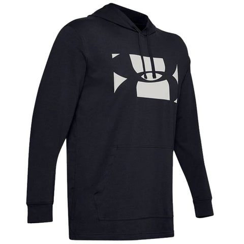 A black hooded sweatshirt features a large white logo on the front and has a kangaroo pocket at the bottom, designed for casual wear or athletic activities.