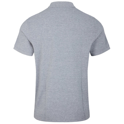 A gray polo shirt is displayed showing its back view with short sleeves and a collar in a neutral setting likely for product presentation or online sale.