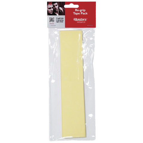 A pack of yellow re-grip tape strips is displayed in transparent packaging with a red header indicating it is for golf club re-gripping instructions are likely included on the packaging.