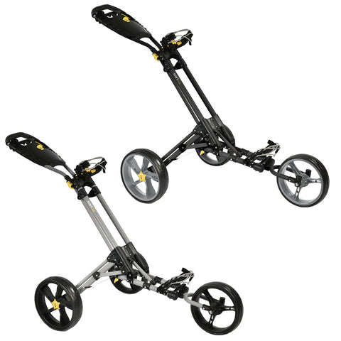 Two golf trolleys are displayed side by side one in gray and one in black both featuring three wheels a handle and a compact design suitable for transporting golf equipment on the course