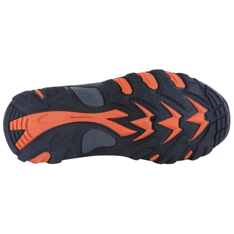 A black and orange athletic shoe sole is displayed featuring a textured pattern with a prominent zigzag design and a slight indentation in the center under bright lighting.