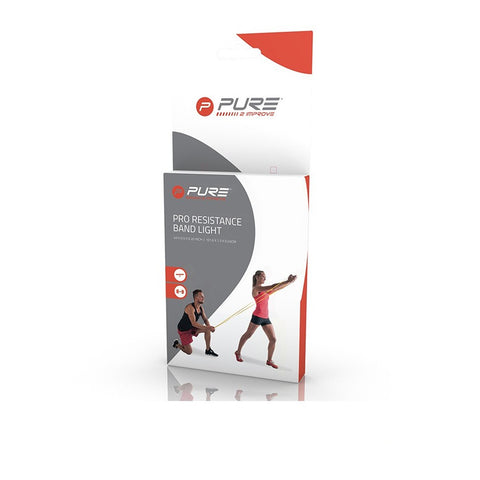 A packaging box for a pro resistance band light shows two individuals performing exercises with the band in an athletic context emphasizing fitness and strength training. Text includes brand name and product details.