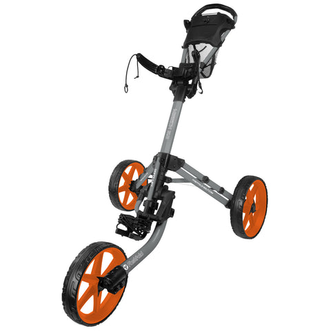 A golf push cart with three large wheels is designed for transporting golf clubs across a course. It features a collapsible frame and a storage area for accessories.