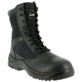 Black tactical boot features a high ankle design with a lace-up front made of synthetic material and rubber sole positioned on a plain background