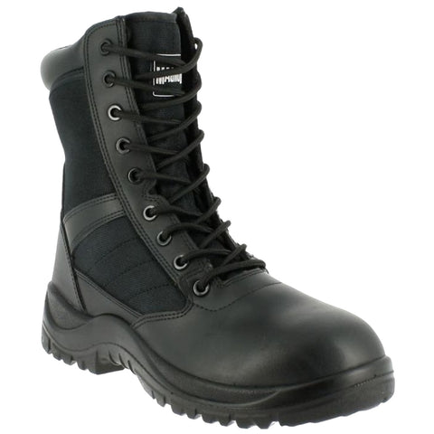 Black tactical boot features a high ankle design with a lace-up front made of synthetic material and rubber sole positioned on a plain background