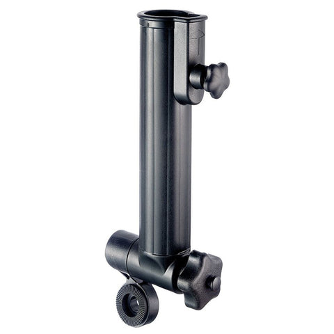 A black cylindrical pole stands upright with an adjustable knob for height and a wheel at the base for mobility, typically used in photography or stage setups.